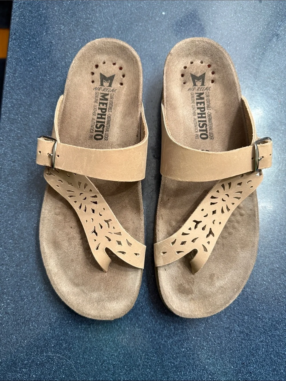 Mephisto Women's Tan Suede Laser-Cut Toe-Post Sandals